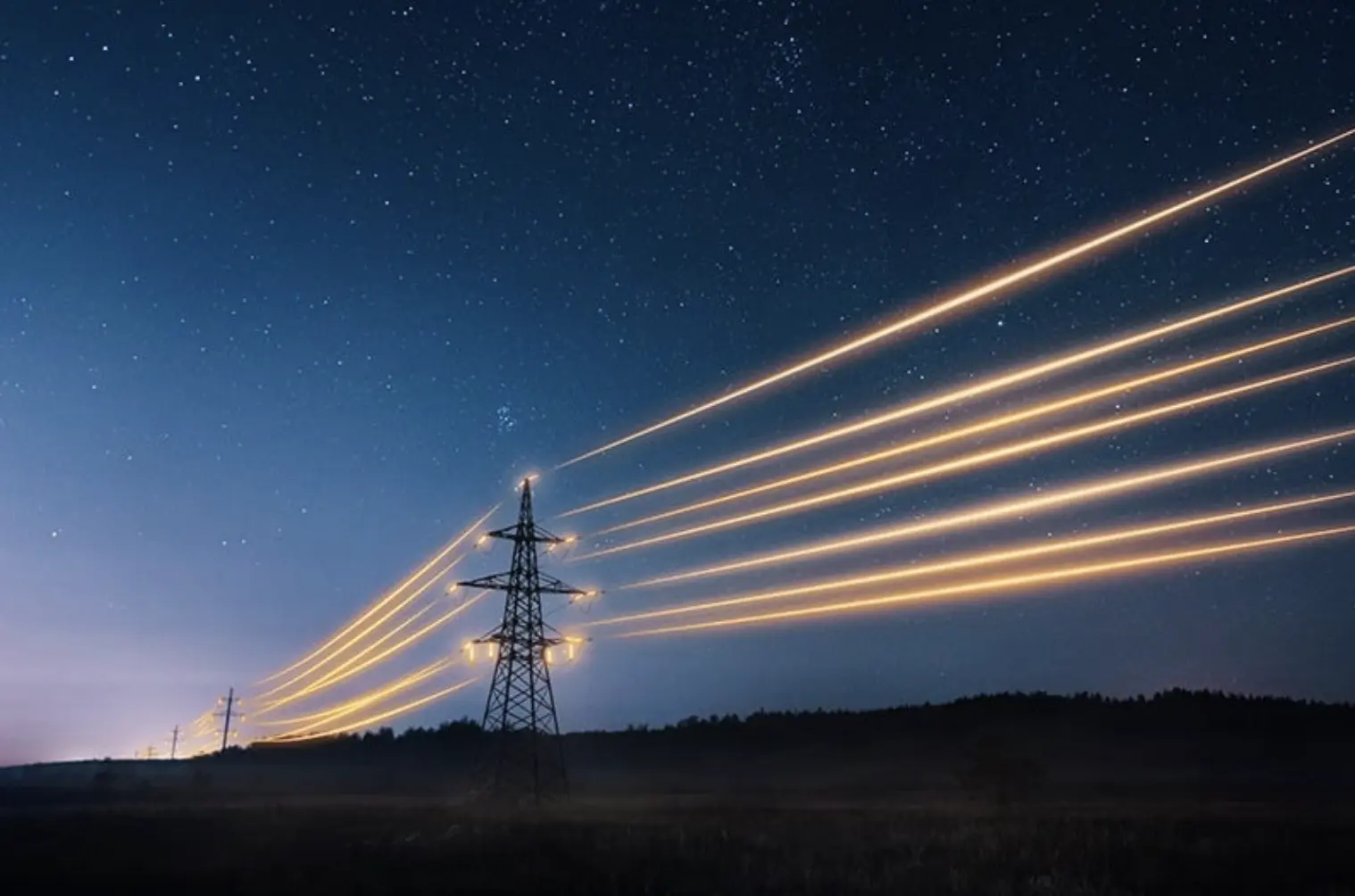 Power transmission tower with glowing lines at night